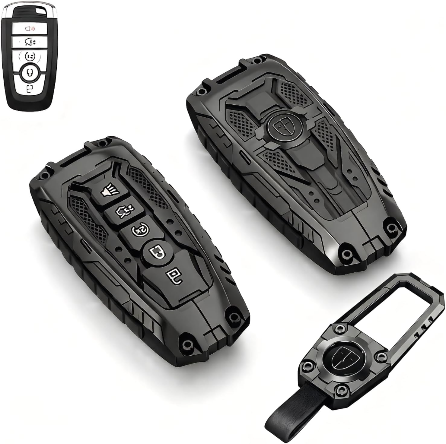 Mech Style Heavy Metal Key Fob Cover,Key Fob Cover Case Protector for Ford Fusion Escape Expedition Explorer Edge Maverick Mustang Ranger F150 F250 F350 F450 F550 etc, (5 Buttons, Black)