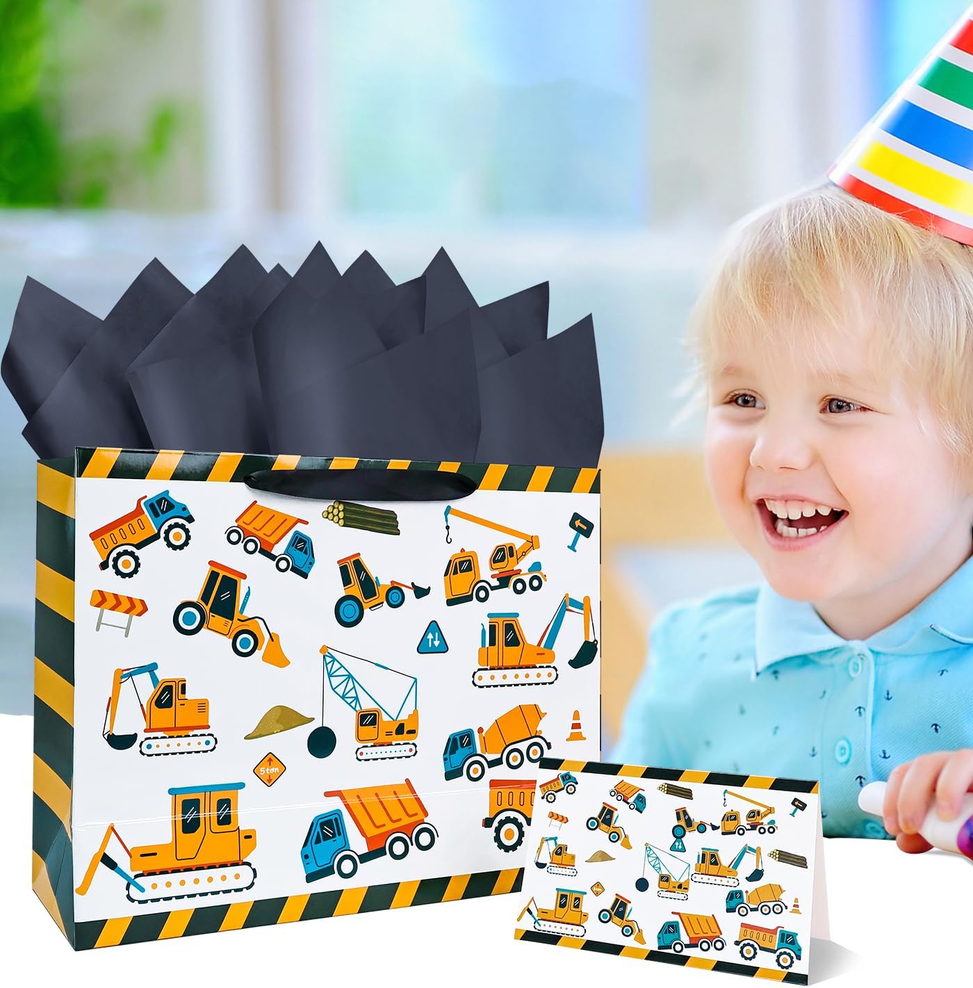 MUNILAIL 13 Inches Large Gift Bag for Boys Construction Vehicle Gift Bag with Handle Tissue Paper and Greeting Card for Birthday Vehicle Themed Party Large Paper Gift Bag image 5