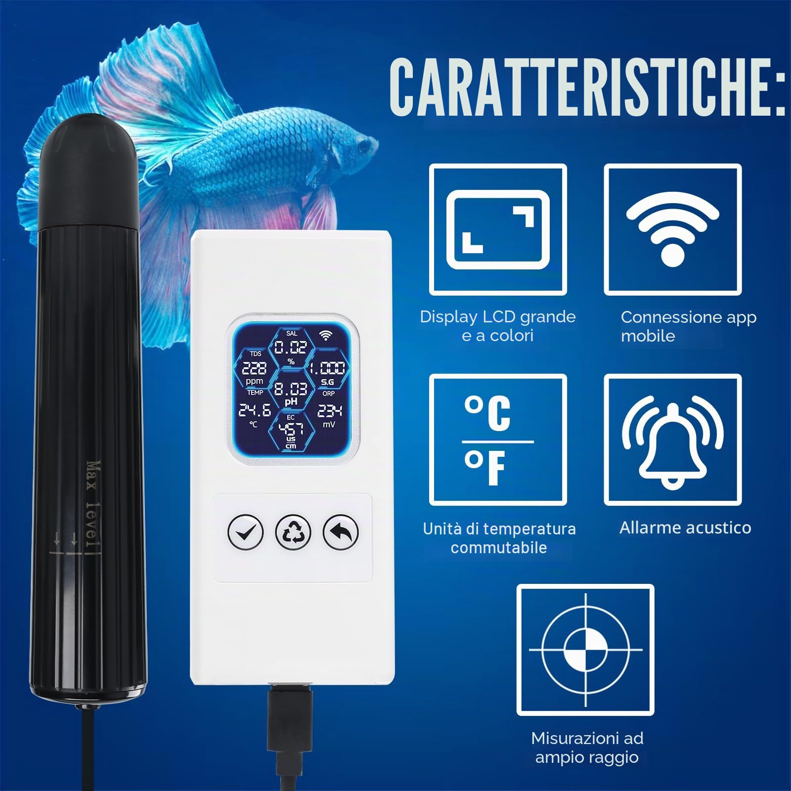 TEKCOPLUS Monitore di qualità dell'acqua 7 in 1 senza fili WiFi – pH/ORP/TDS/EC/Salinità/SG/Temp, App Tuya, avvisi in tempo reale, display a colori ATC per acquario, acqua dolce e acqua salata