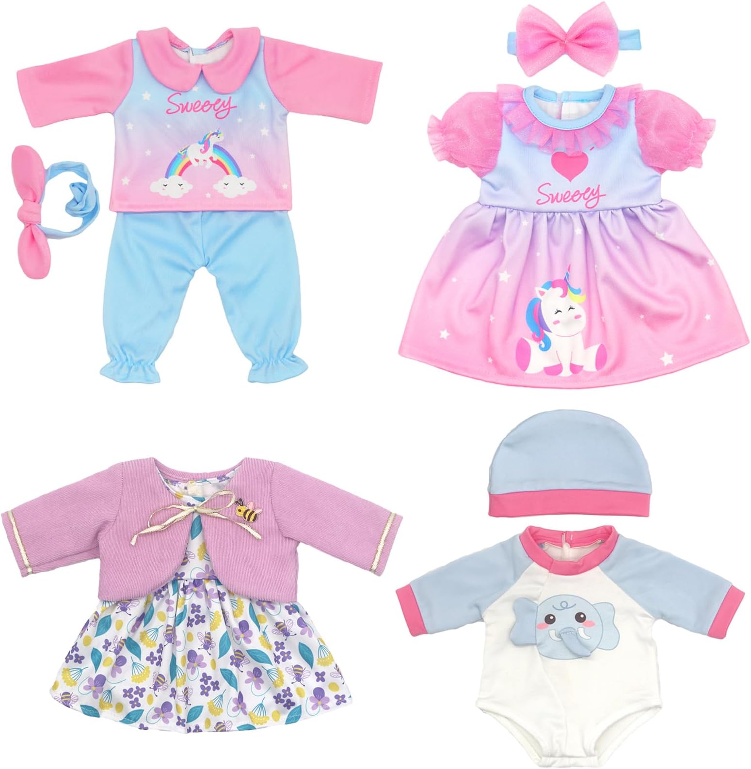 Doll Clothes for 14-16 Inches 35-43cm Baby Doll, 4-packs Dress with Hat, Coat, Headband (Not Include Doll)