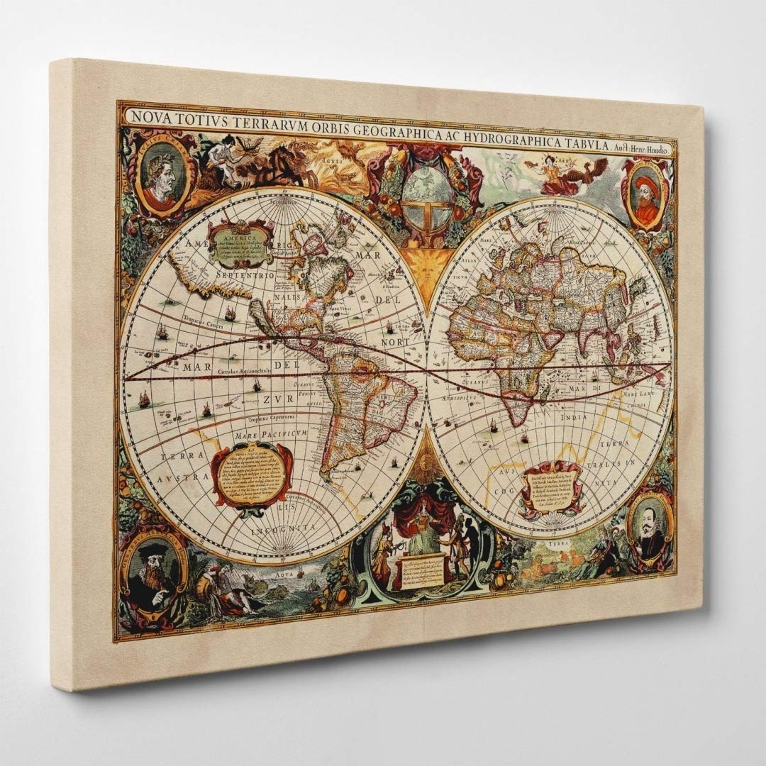 Quadro su Tela - INTELAIATO - Antica Mappa 1646 Mondo - World Map - Cartina Geografica - 50x70cm - Spessore 2cm