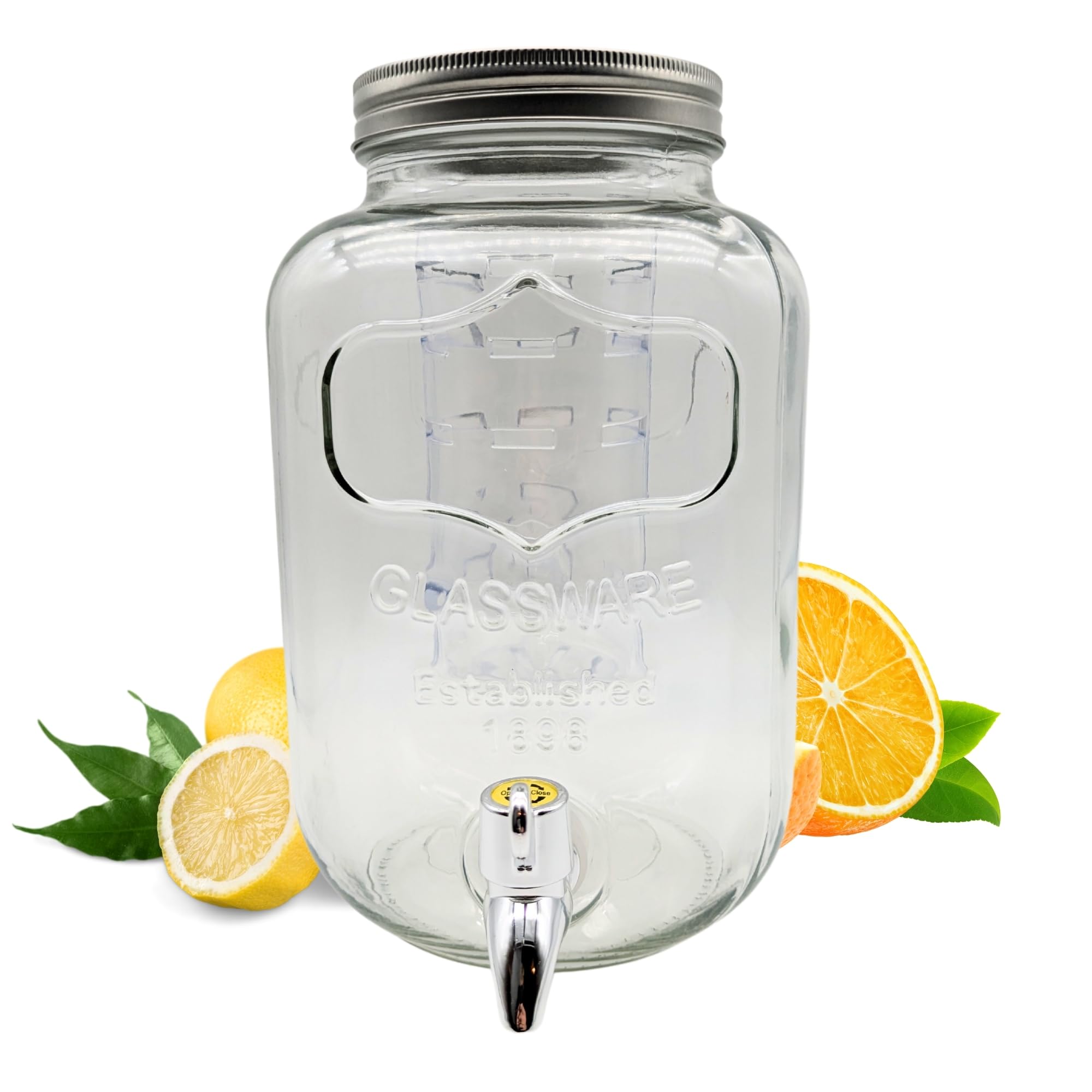Getränkespender 4 Liter aus Glas Saftspender mit Zapfhahn und Fruchteinsatz ideal für Limonaden Wasserspender & GRATIS HLKauf-Block