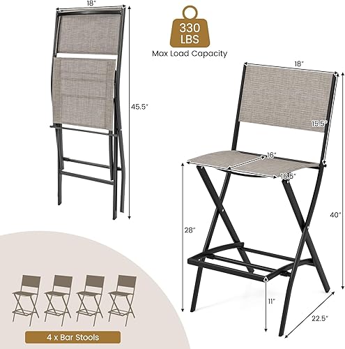 Miniatura 7 de COSTWAY Juego de 4 sillas de bar para patio al aire libre, taburete plegable de altura de barra con marco de metal y reposapiés, taburete de bar