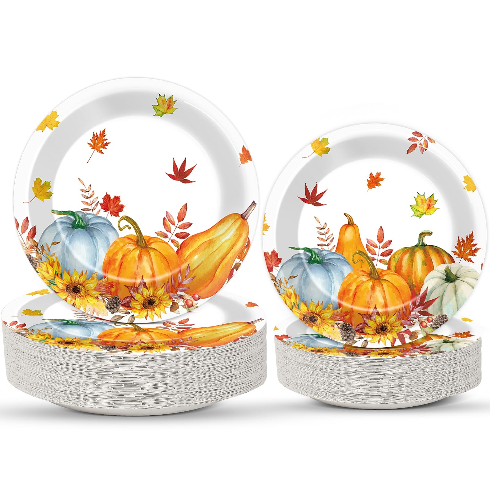 48 Pcs Thanksgiving Fall Paper Plates Party Supplies, Watercolor Pumpkins Maple Leaves Disposable Plates (9'' + 7'') for Fall Party Autumn Harvest