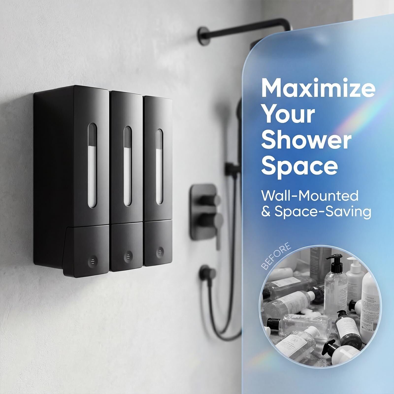Dispenser per shampoo, balsamo e bagnoschiuma a 3 camere, sapone doccia a parete, capacità 1200 ml (3 × 400 ml), installazione senza trapano o vite, bottiglie ricaricabili con finestra trasparente