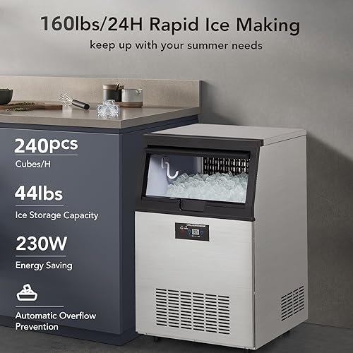 Miniatura 2 de GARVEE Máquina comercial para hacer hielo de 160 libras24 horas, máquina de hielo debajo del mostrador de acero inoxidable con capacidad de