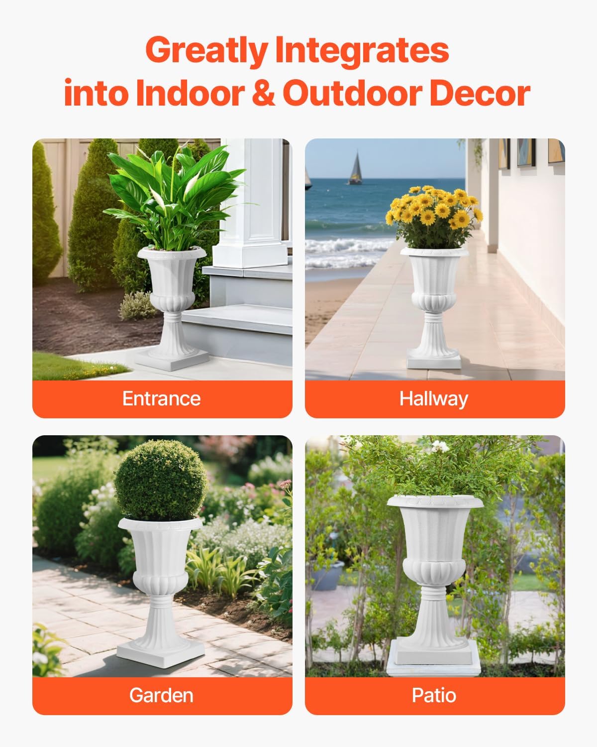 VEVOR Plastic Urn Planters, 9.8 x 16.5 Inch, 2 Pack White Classic Flower Pots Front Porch Planters, Indoor & Outdoor Vase for Wedding, Party, Event, Home, Stage, Garden, Balcony, Patio Decoration