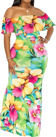 Womens Sexy Off Shoulder Maxi Dress Hawaiian Floral Evening Gown Long Dress