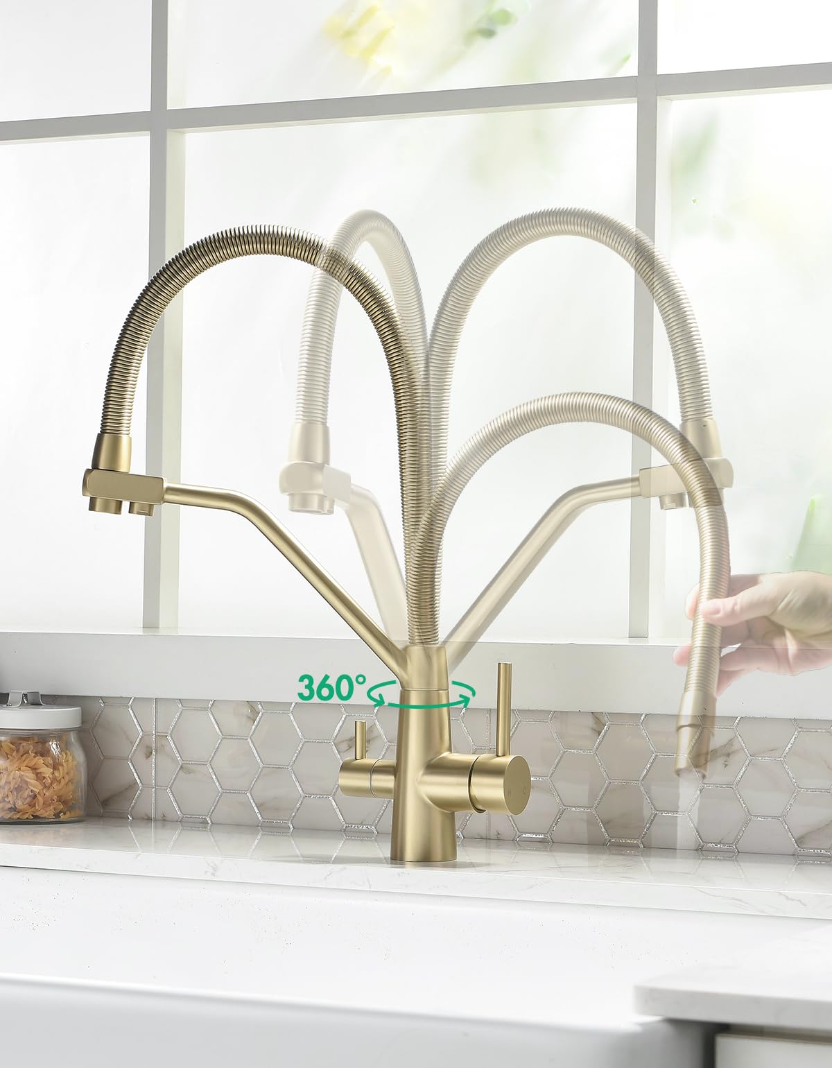 TIMACO Grifo de cocina dorado de 3 vías, giratorio 360°, con grifo 3 en 1 para filtro de agua, grifo de resorte en espiral, grifo de agua potable con doble palanca, alta presión, oro cepillado