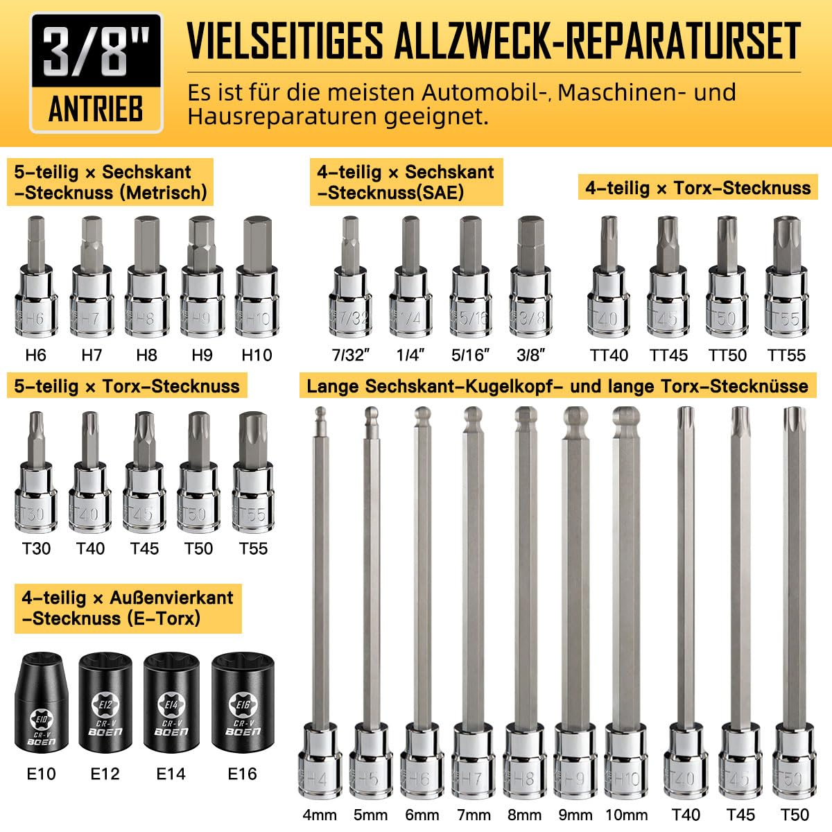84-teiliges Sechskant- und Torx-Bitset, 1/4'', 3/8'', 1/2'' Antrieb (H2.5-H19, T8-T60, TT8-TT60, E4-E24) Metrisches & SAE-Bitset, mit S2- und Cr-V Stahl