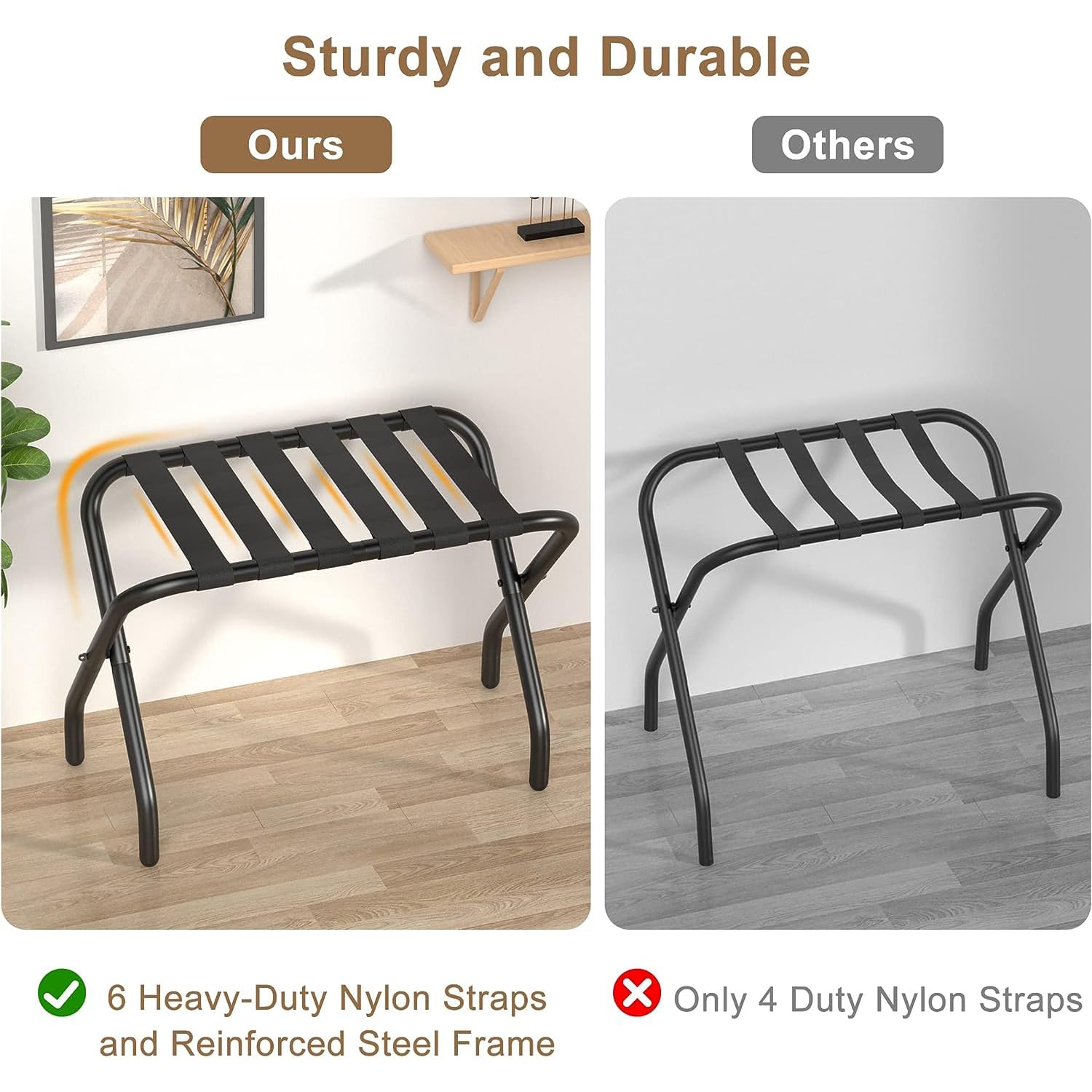 Set di 2 portavaligie pieghevoli con ripiano in metallo, 68 x 38 x 50 cm, portavaligie pieghevole in nero per borse e valigie, portavaligie adatto per camera, albergo