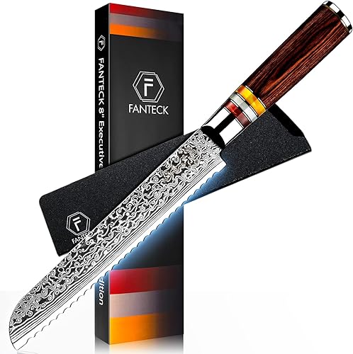 FANTECK Cuchillo de pan, cuchillo de cocina dentado de 8 pulgadas, VG10 Damascus Pro de acero inoxidable de alto carbono de 67 capas para pan
