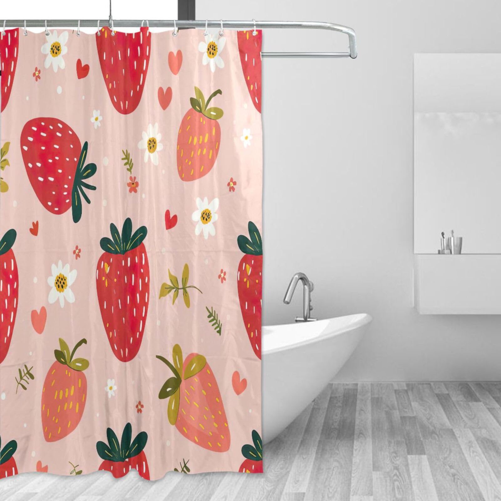 Rideau de douche fraises 157x183 cm en tissu lavable imperméable avec crochets