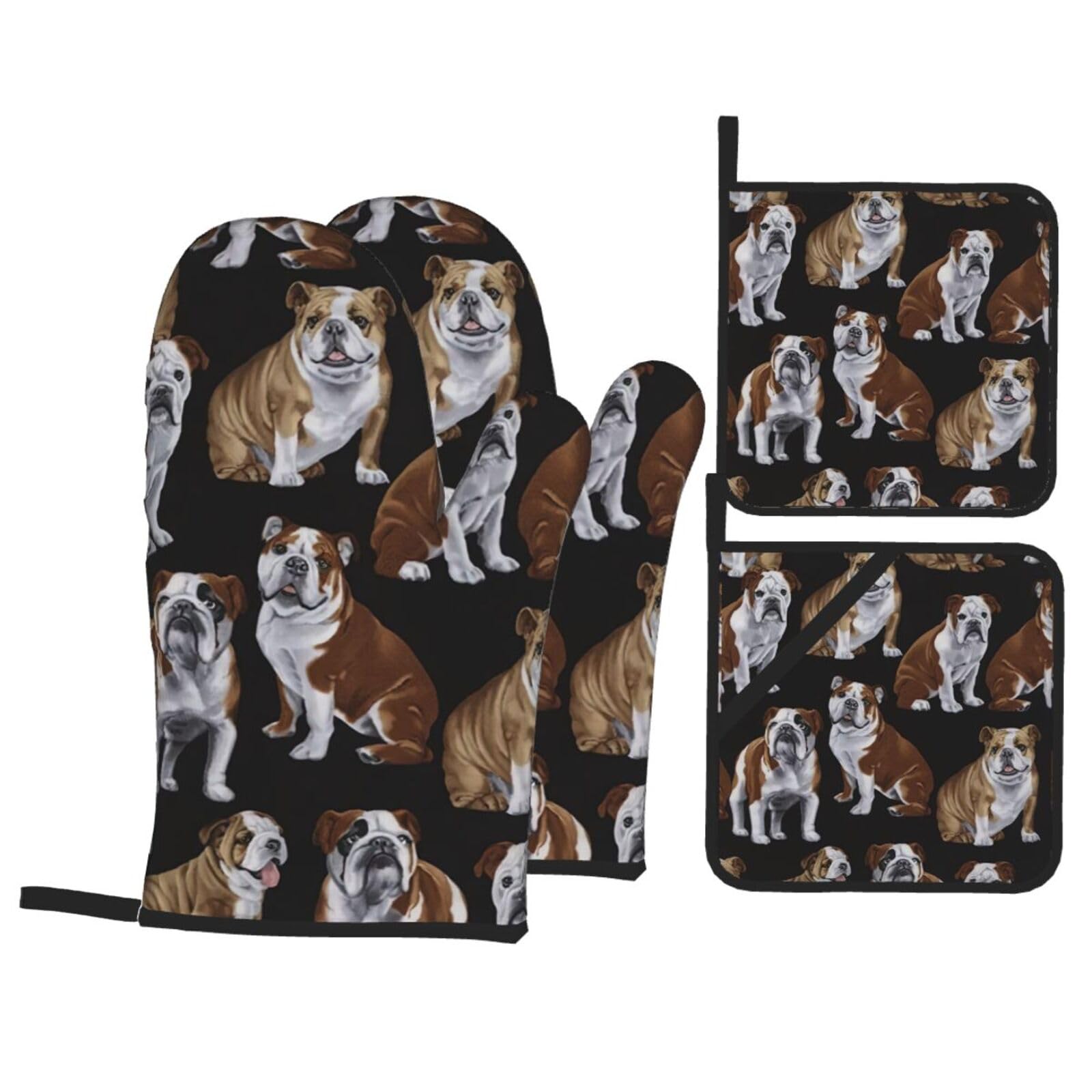 English Bulldogs Print Kitchen Oven Mitts And Pot Holders Set,Hanging Loop Design For Cooking Baking Bbq