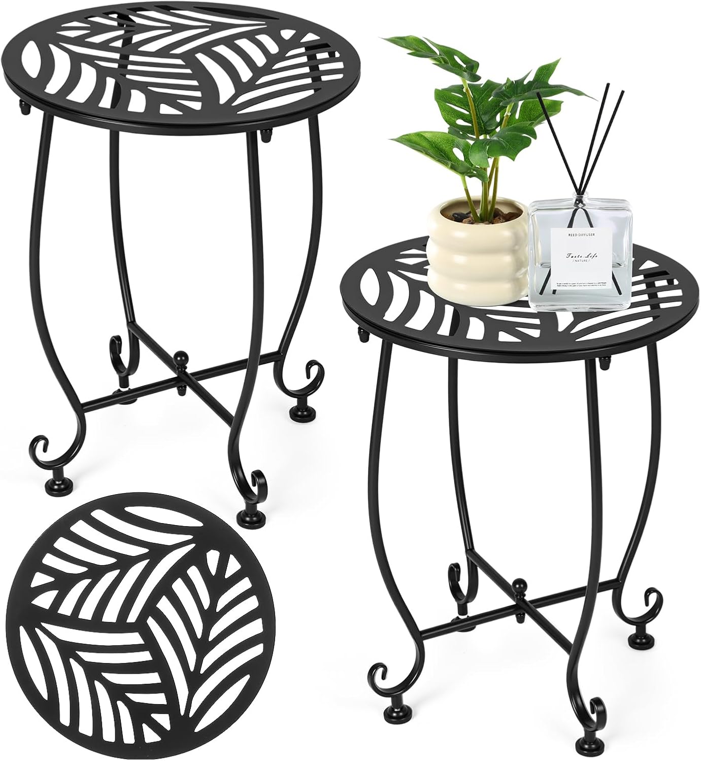 Thyle 2 Pcs Outdoor Side Table with Flower Cutout 13" Metal Small Round Weather Resistant Patio Side Tables for Outside, Balcony, Porch, Garden Bistro Indoor Outdoor Yard(Hollow Leaf)