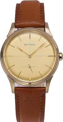 BALTANY S4092 Mens Automatic Dress Watch, 38.5mm White/Gold Vintage Crosshair Dial Mechanical Watch with Small Seconds, Sapphire Crystal, DarkBrown Leather Strap, Classic Heritage Style Wrist Watch