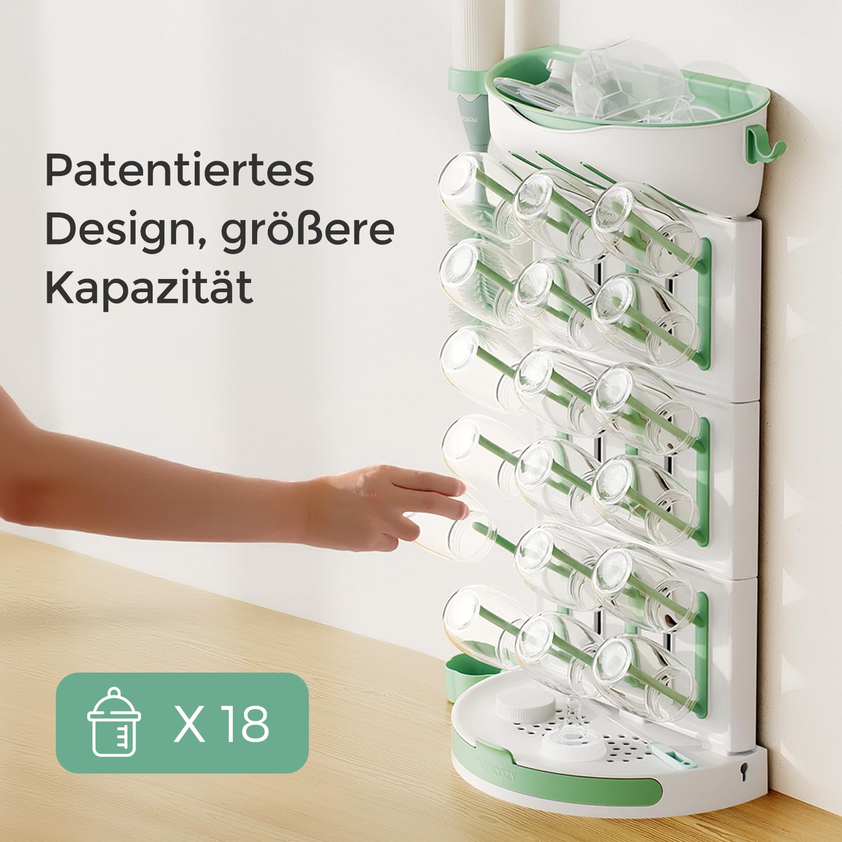 Momcozy Premium Babyflaschen Trockenständer – Vertikaler Flaschenhalter für 18 Flaschen & Stillzubehör | Mit Reise-Set & Bürstenhalter (37x17x54 cm)
