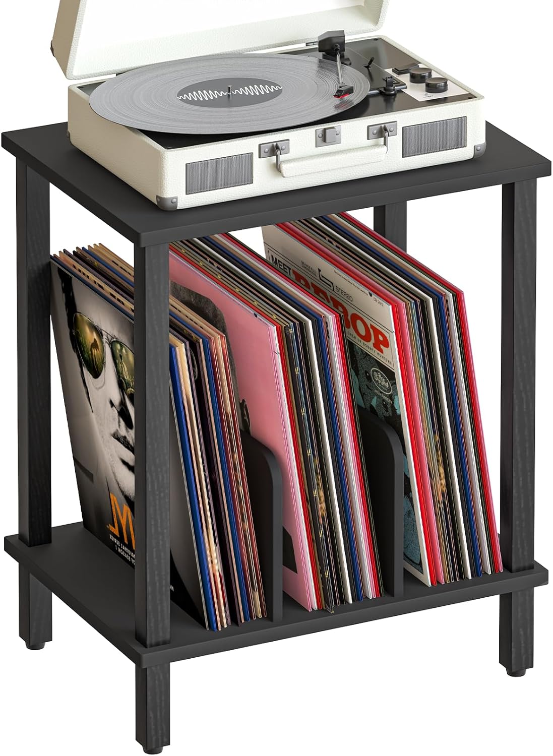 HOOBRO Small End Table, 2-Tier Record Player Stand Vinyl Record Turntable Stand with Storage up to 100 Albums, Small Side Table for Living Room, Bedroom Black, BK05RS01