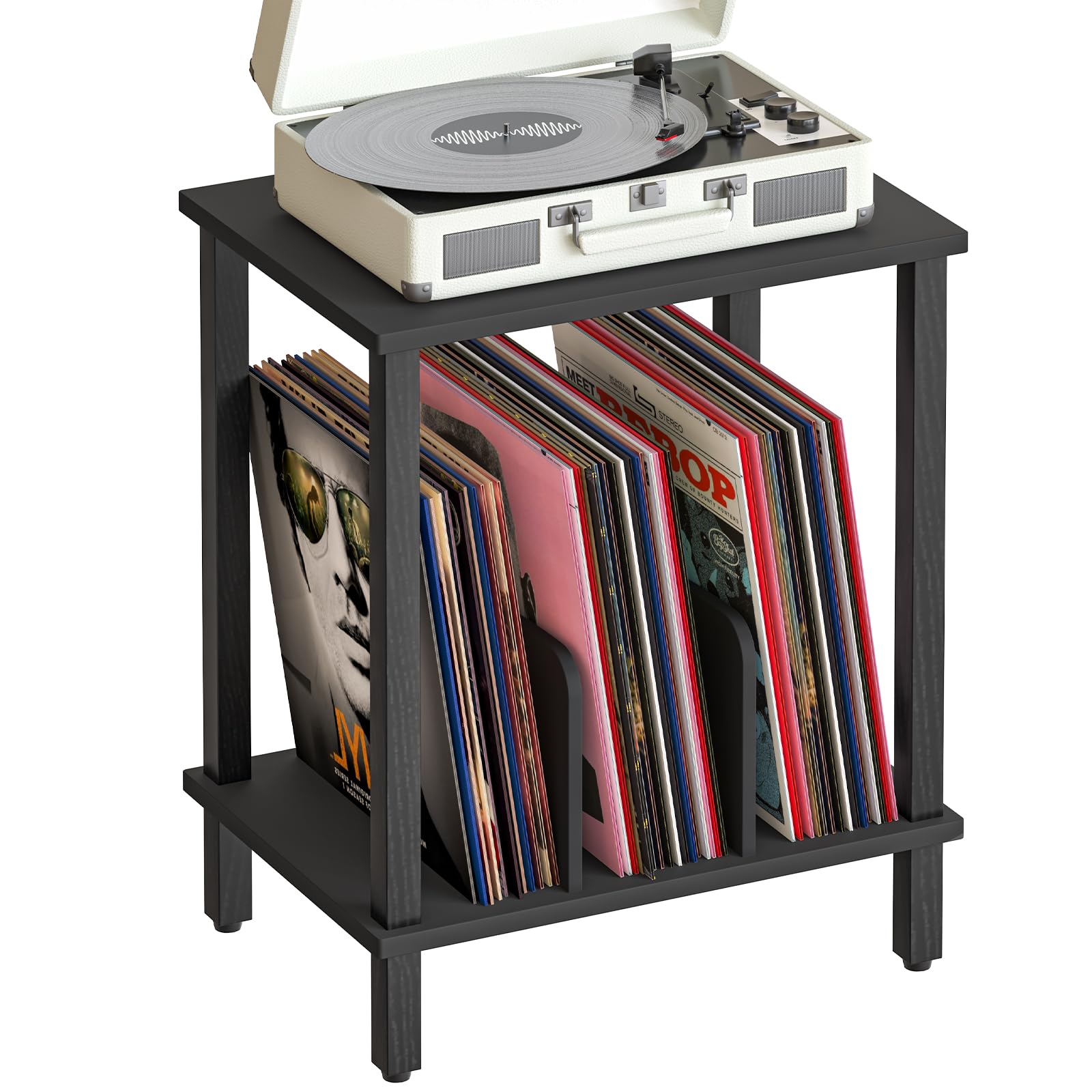 HOOBRO Soporte para Tocadiscos de 2 Niveles, Mesa para Tocadiscos de Vinilo de Estilo Industrial, con Separadores, para 100 Discos y CD, Mesa Auxiliar para Salón, Negro EBK05RS01