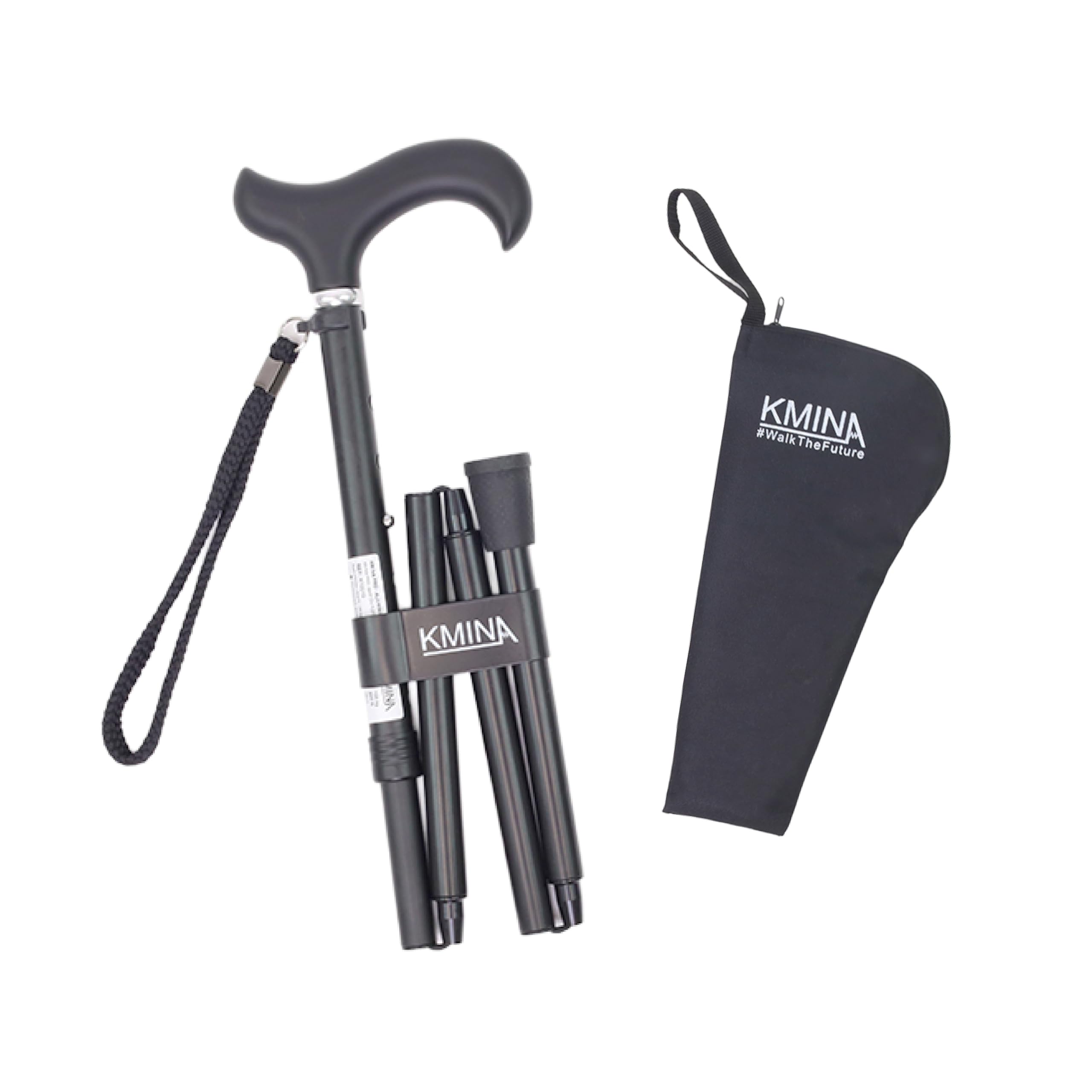 KMINA PRO - Folding Canes for Men Adjustable, Aluminum, Walking Sticks Seniors, Strap, Black - Made in Europe