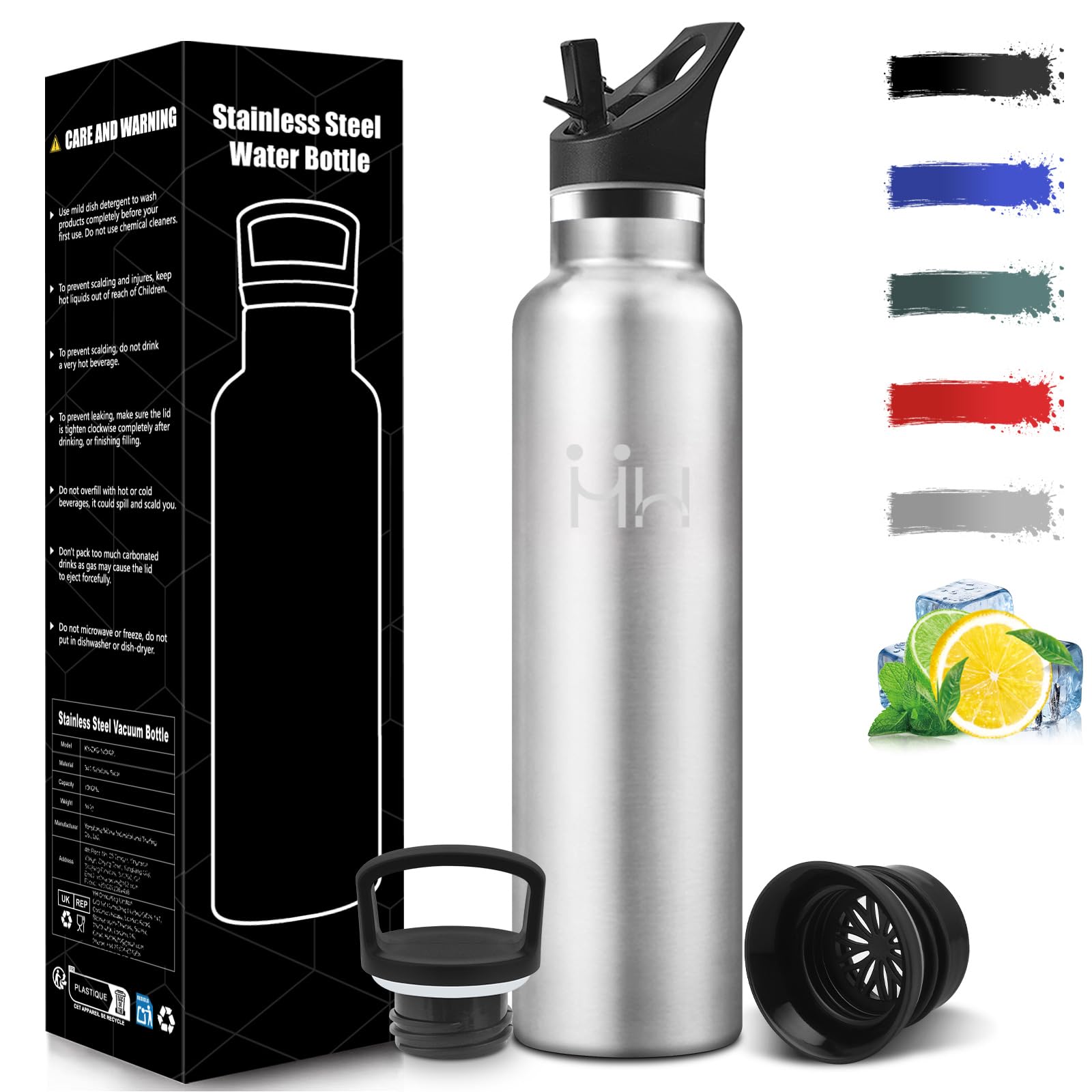 Mulbijeo Trinkflasche Edelstahl 1L, BPA-Frei, Wasserflasche Edelstahl, Auslaufsichere Isolierflasche Doppelwandig, Isolierflasche, Thermobecher mit Strohhalm, Thermosflasche Kohlensäure Geeignet