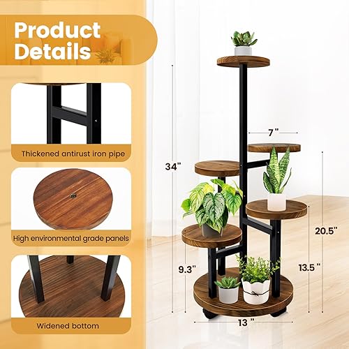 Miniatura 4 de GEEBOBO Soporte para Plantas de 5 Niveles con 4 Ruedas, Soportes Altos de Metal y Madera para Múltiples Plantas de Interior, Estante Escalonado de