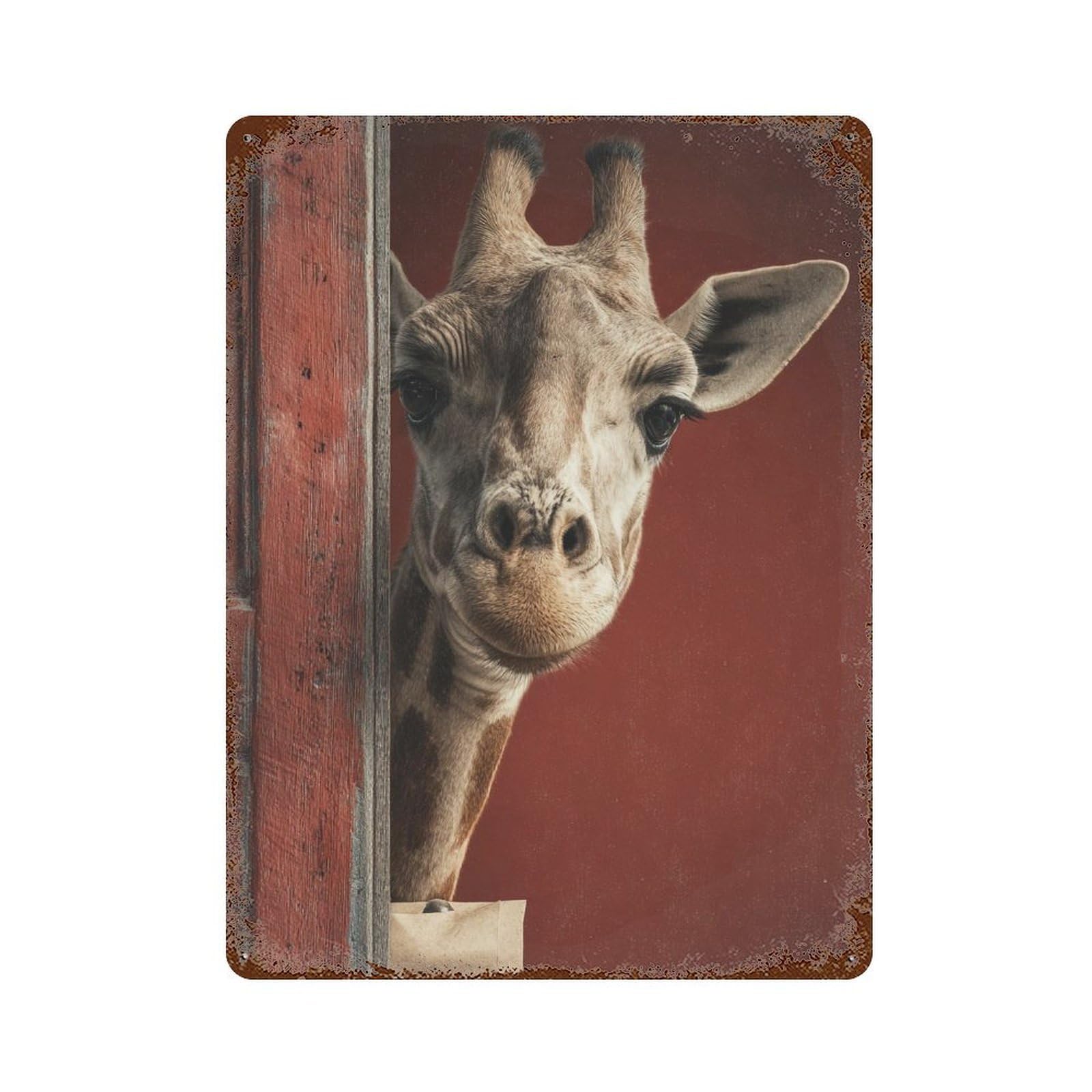 Giraffe Peeking Through Doorway Vintage Rust Metal Sign 15.7"x11.8", Classic Wall Plaque for Basement, Hobby Room And Garage Decor