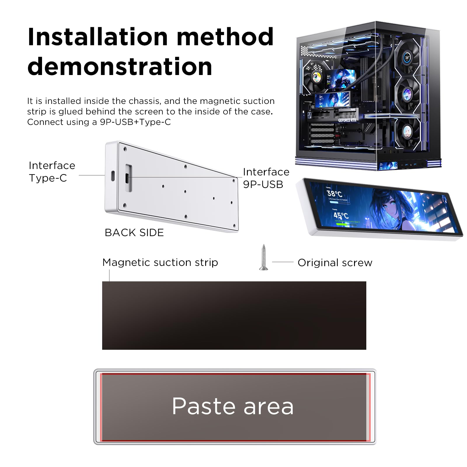 TZMRIT 9.16 Inch Universal LCD Screen Display for PC, Customizable ARGB Frame, Temperature Display Panel, Mini Monitor, with Preset & DIY Themes for Gaming PC Case/CPU Cooler (WH) — view 3