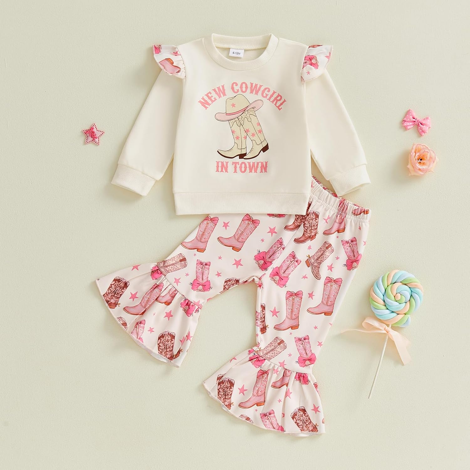 Suolongsama Baby Girl Western Outfit Long Ruffle Sleeve Pullover Sweatshirt Flared Pants Sets Letter Print Winter Clothes - Image 4