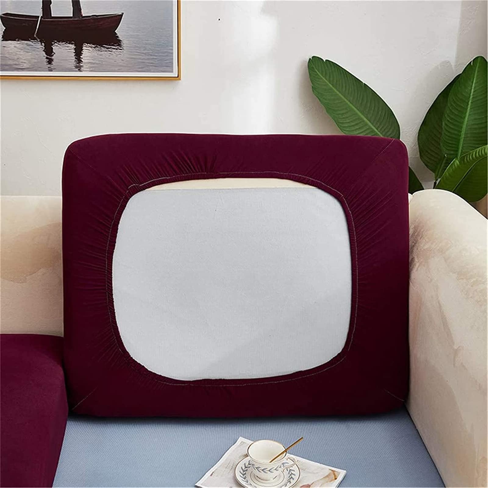 ZGDDPZA Stretch Couch Cushion Slipcovers Polyester Sofa Seat Cushion Covers Anti-Slip Furniture Protector with Elastic Bottom Replacement for Individual Cushions (Large 2-seater,Wine Red)