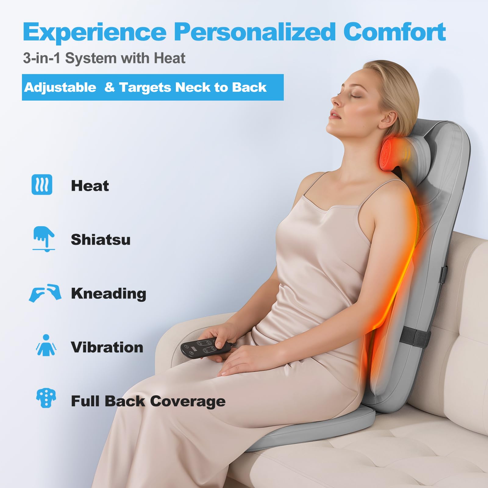 Shiatsu masajeador de cuello y espalda con calor, enrollado, vibración y amasado para aliviar la fatiga, cojín de asiento de masaje de espalda completa de intensidad y altura ajustable para