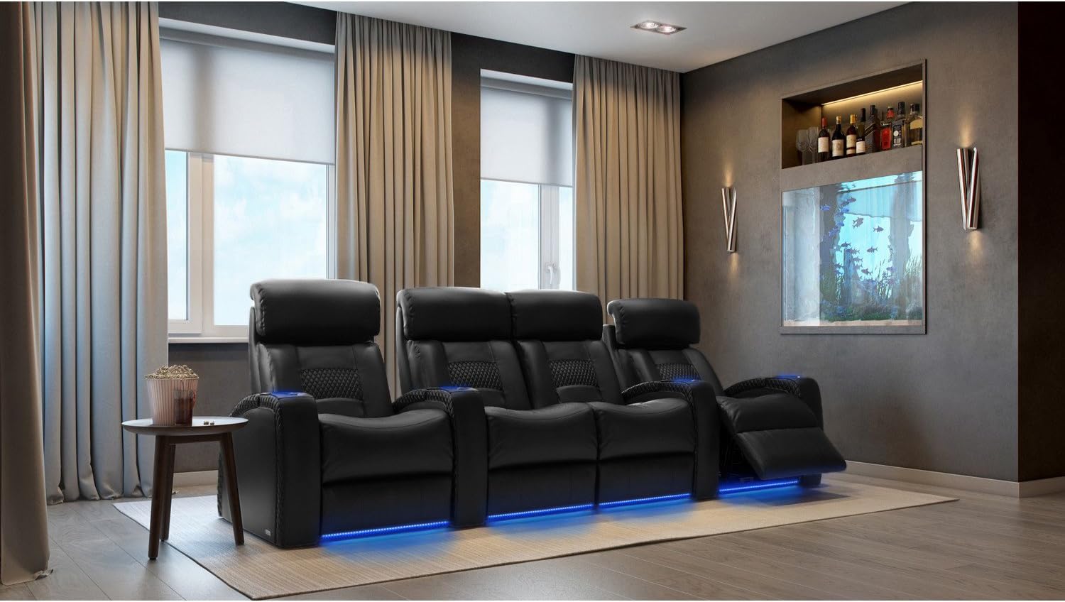 Flex HR - Octane Seating - Home Theater Seats - Black Top Grain Leather - Power Recline - Row of 4 with Center Loveseat : Home & Kitchen