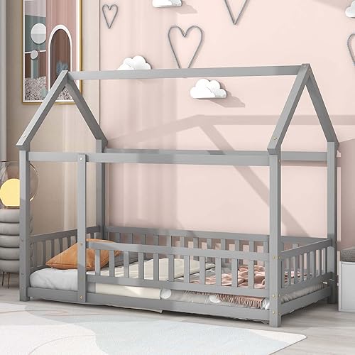 Altillo Cama de casa con valla, camas Montessori de madera para niños con techo, cama de tienda, cama de piso de madera, marco de cama estilo casa