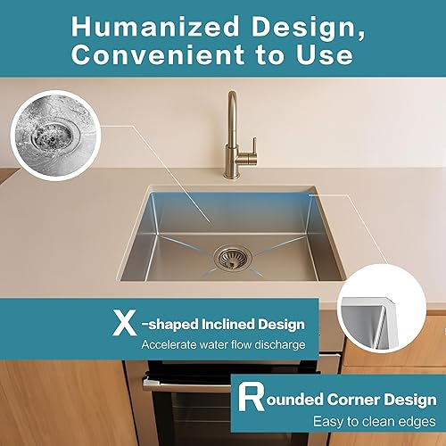 Vista 15 de Fregadero de cocina de acero inoxidable S304 de calibre 16 de 33 x 22 x 10 pulgadas, hecho a mano, moderno, con accesorios y fregaderos de cocina