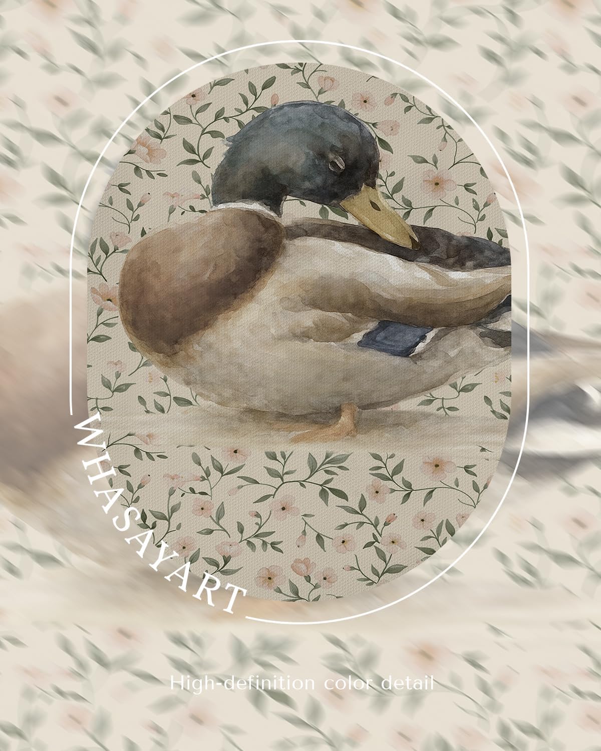 Vintage Gold Framed Mallard Duck Wall Art, 12x16 Inch Bird Painting Botanical Floral Pattern Canvas Print, Rustic Animal Artwork Living Room Bedroom Entryway Farmhouse Office Home Décor