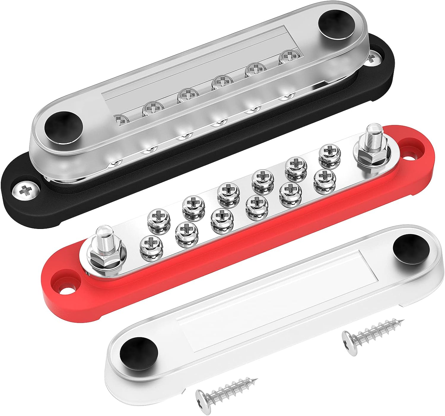 DAIERTEK 12V Power Distribution Block 2 x 1/4" (M6) Terminal Studs 12 x M4 (#8) Terminal Screws Battery Bus Bar Terminal Block Max 48V Positive & Negative Busbar for Automotive Car Boat