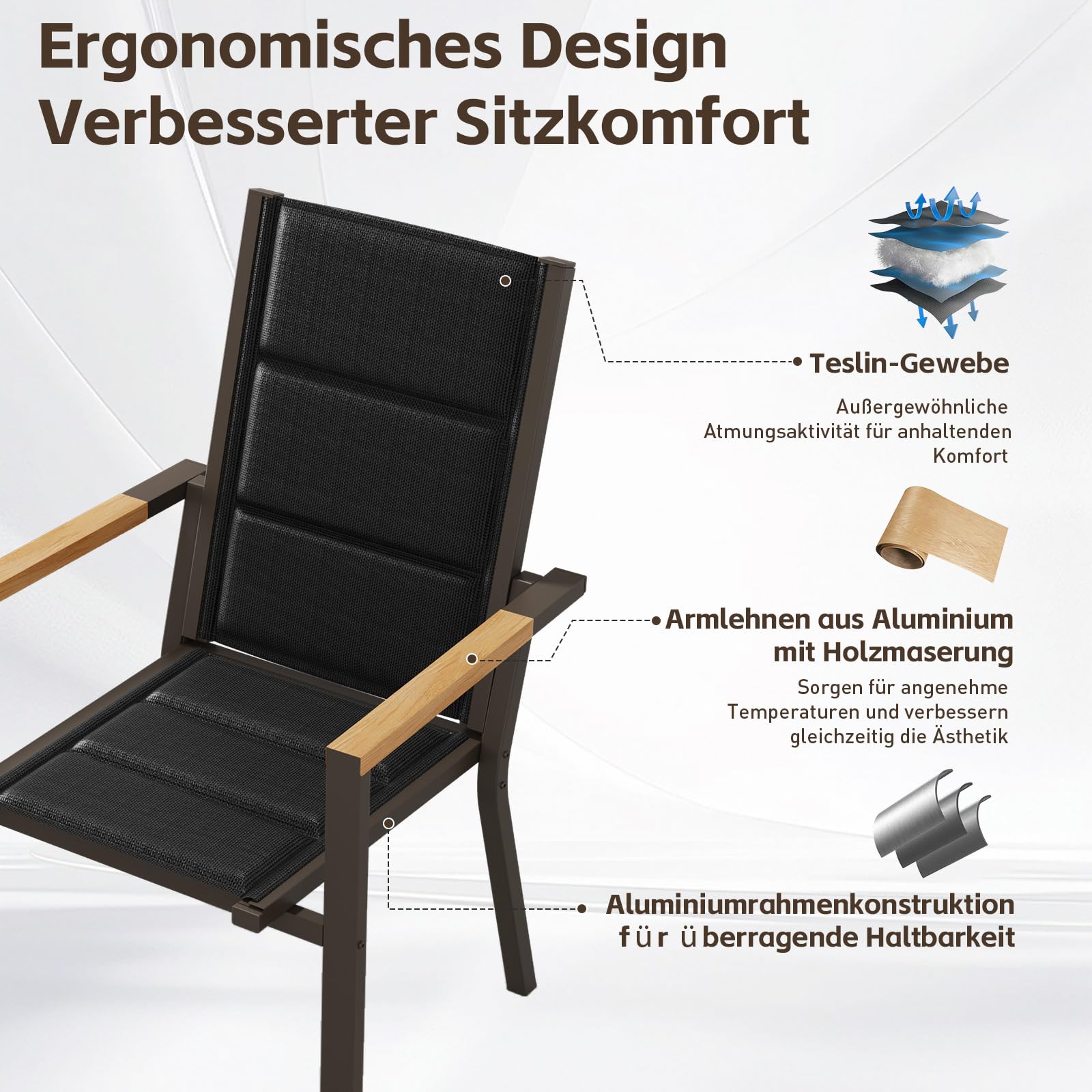 TRIUMPHKEY Gartenmöbel Set 6 Personen, Balkonmöbel mit Aluminium, 6 Stapelstühle mit Holzmaserung und 1 189cm PS Gartentisch, Terassenmöbel Außen, Braun