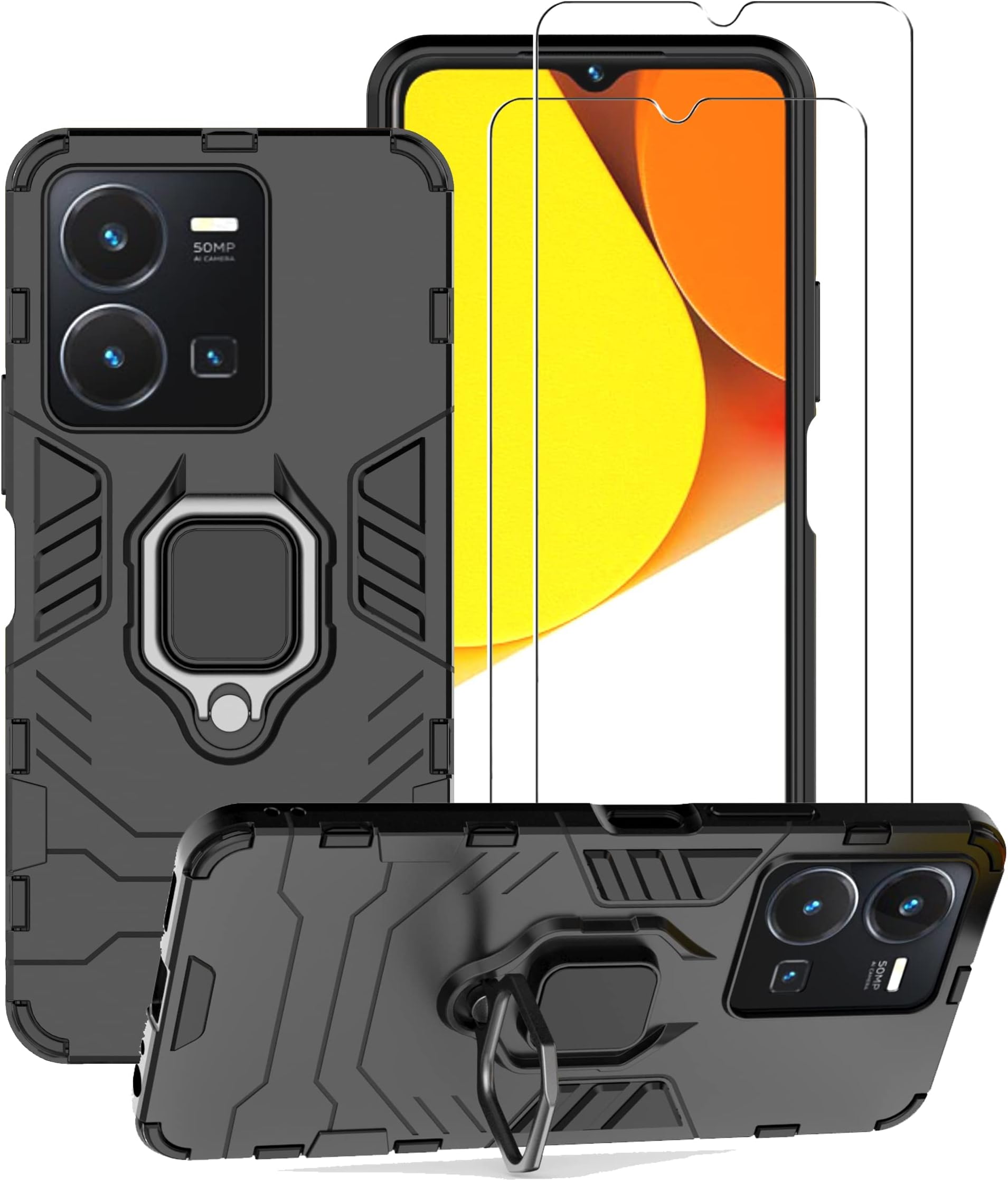 [1+2]Case for VIVO Y35/VIVO Y22/VIVO Y22s, Magnetic Kickstand Case with Tempered Glass Screen Protector (2pcs), Hybrid Heavy Duty Dual Layer Shockproof Cover (VIVO Y35 / VIVO Y22 / VIVO Y22s, Black)