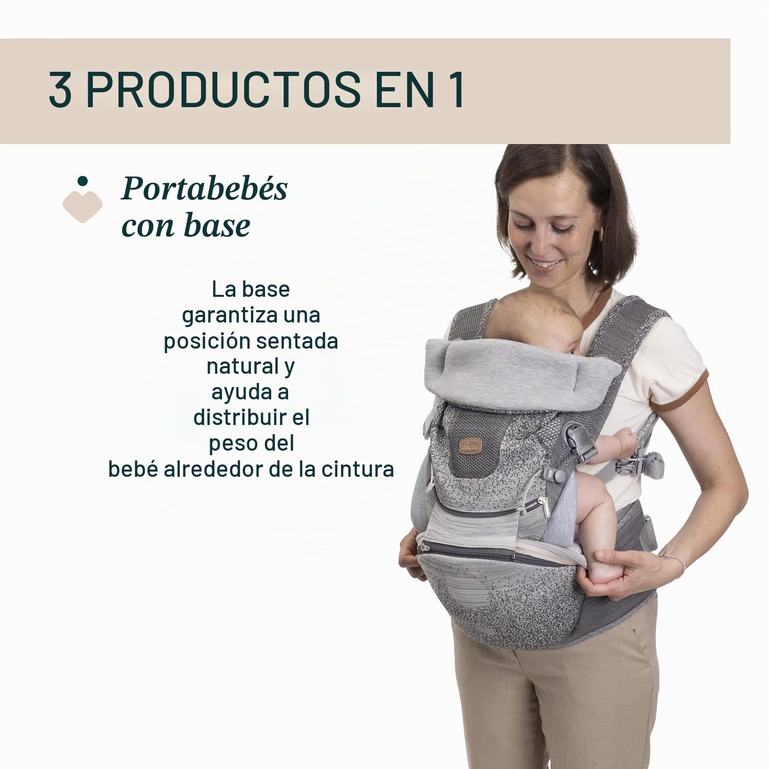 Chicco Airy Hip Fit Mochila Ergonómica 3-en-1,Tejido Transpirable, Soporte Base Extraíble para Distribución del Peso, Múltiples Posiciones: Frente a la Madre, Frente al Mundo y Mochila, 0-15 kg