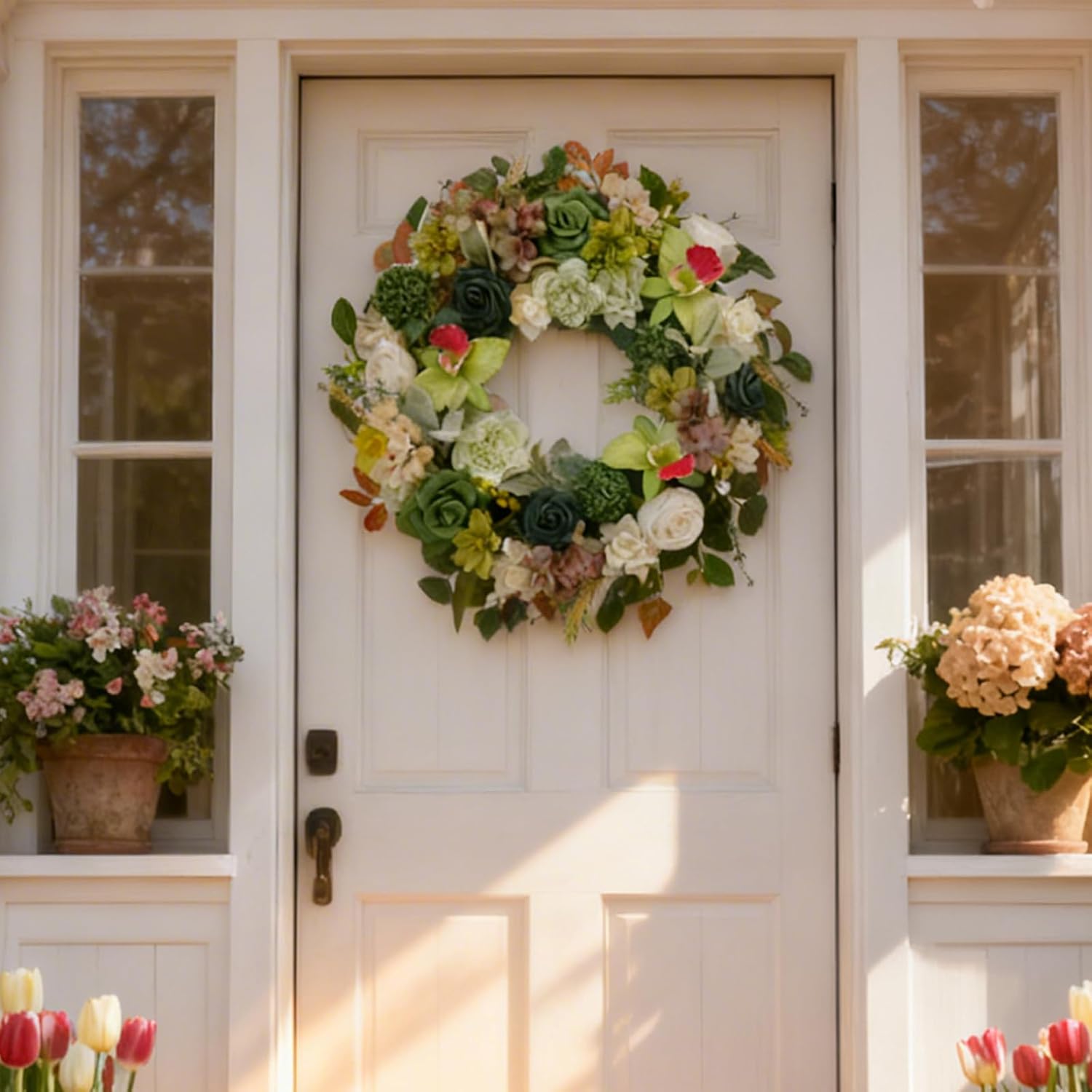 22 Inch Green Orchid Spring Everyday Wreath for Front Door, Indoor Outdoor, Rustic Farmhouse Style, Artificial Flowers and Foliage