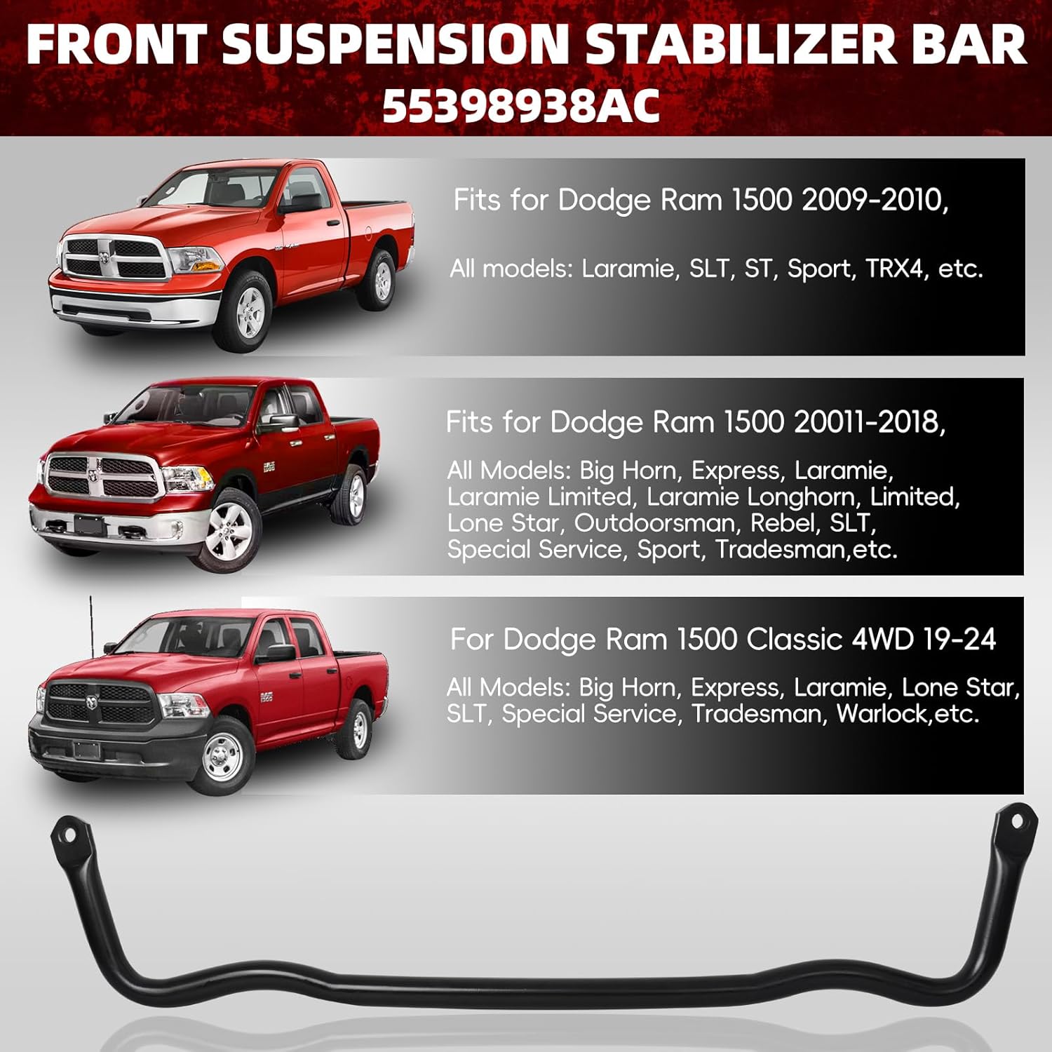 55398938AC for Ram 1500 Front Suspension Stabilizer Bar Compatible with 2009-2010 Dodge Ram 1500, 2011-2018 Ram 1500, 2019-2022 Ram 1500 Classic 4WD, Front Sway Bar