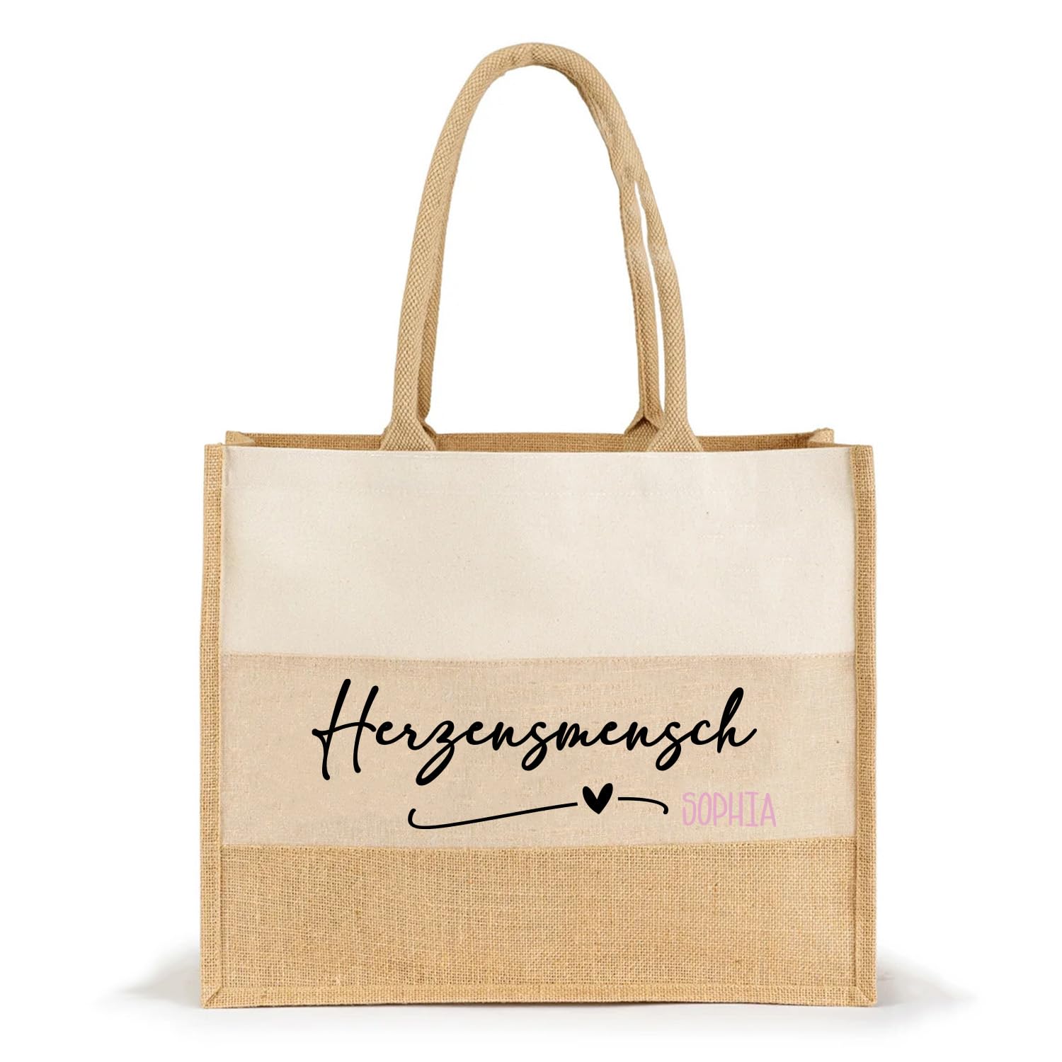 AMBERGER DESIGN Jute Tasche Herzensmensch Lieblingsmensch personalisiert Innentasche Gratis Geschenkanhänger