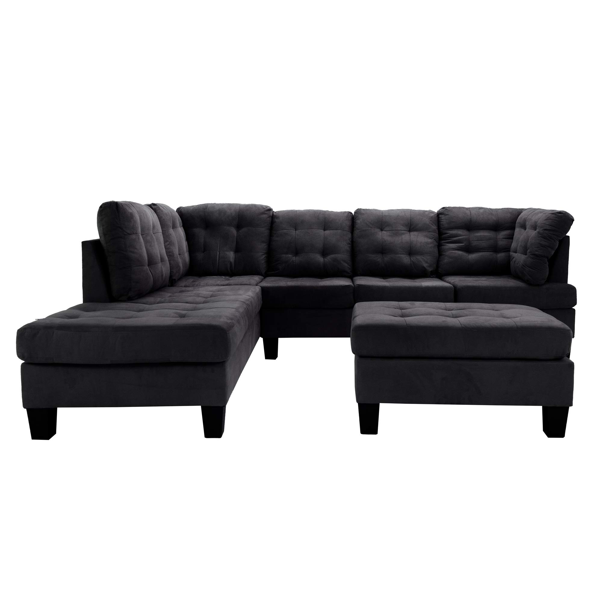Casa Andrea MilanoModern Tufted Micro Suede L Shaped Sectional Sofa Couch with Reversible Chaise & Ottoman, Large, Black
