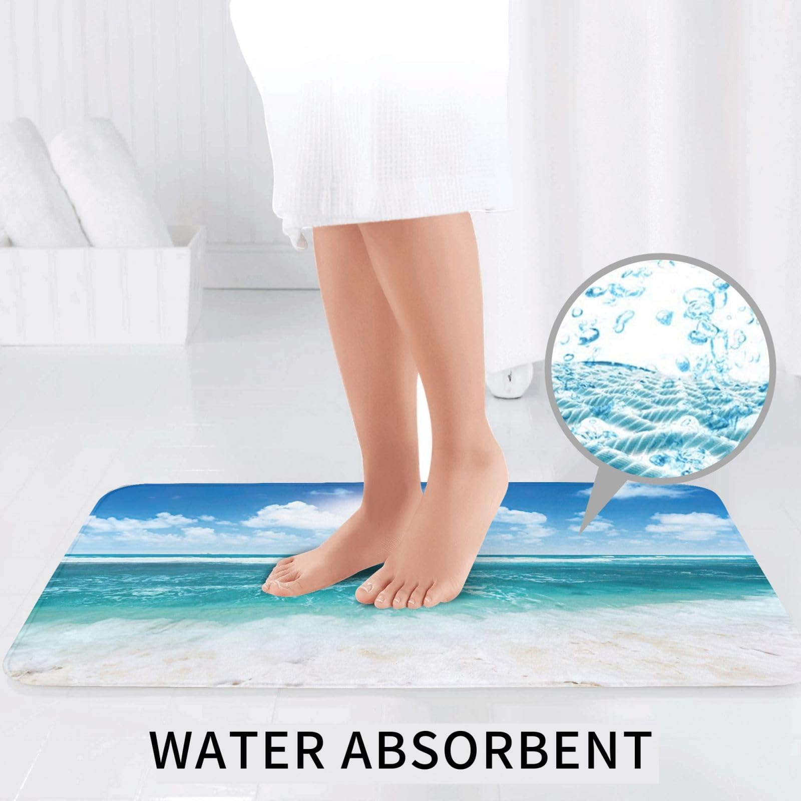 BREAUX Blue Sky Tapis de sol antidérapant pour salle de bain Motif paysage marin tropical 3 pièces