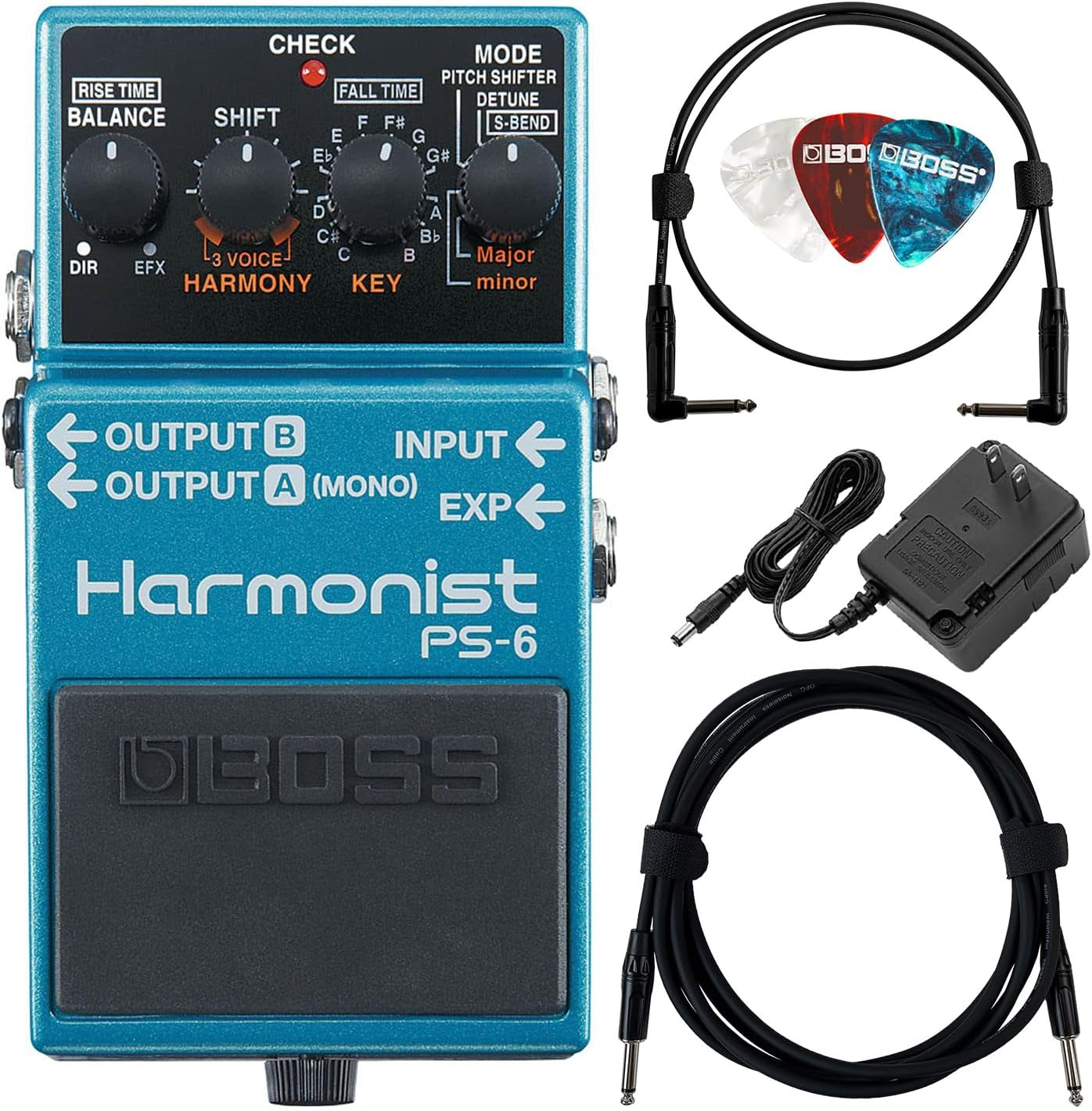 Boss PS-6 Harmonist Bundle with Gearlux Power Supply, Instrument Cable, Patch Cable, and Picks
