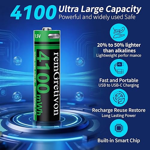 Miniatura 3 de Paquete de 8 baterías AA de litio recargables de 4100 mWh, voltaje variable de 1.5 V con alarma de baja potencia, más de 2500 ciclos para cerraduras