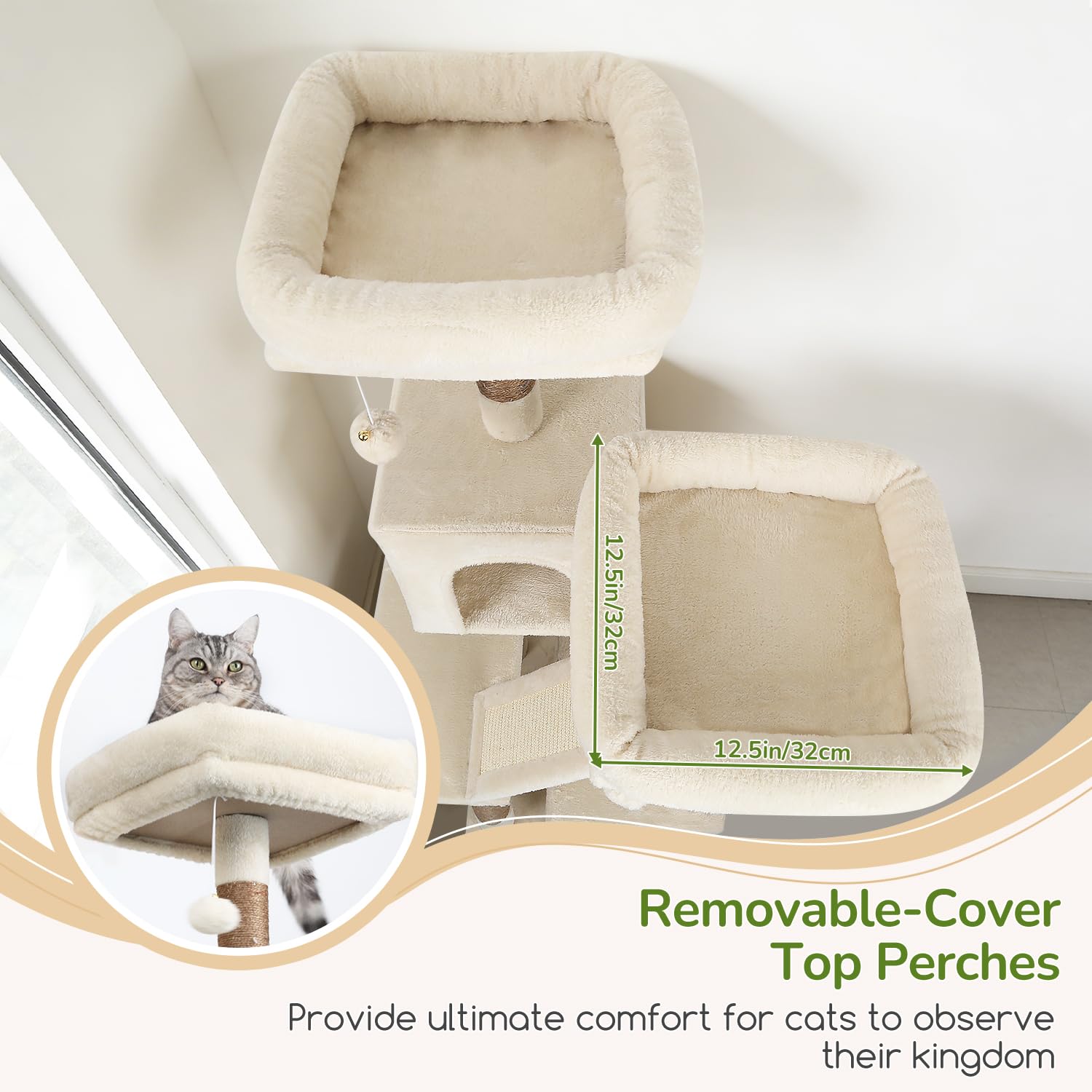 Globlazer Arbre a Chat Beige Grand Hauteur 189 cm avec 2 Niches, 2 Perchoirs rembourrés, Pente Sisal Peluche, Lit Amovible, Arbres à Chat Solide pour Chats Repos Jeu Escalade Intérieur (F74D, Beige) | Arbre à chat avec 2 maisons pour chat, 2 perchoirs rem
