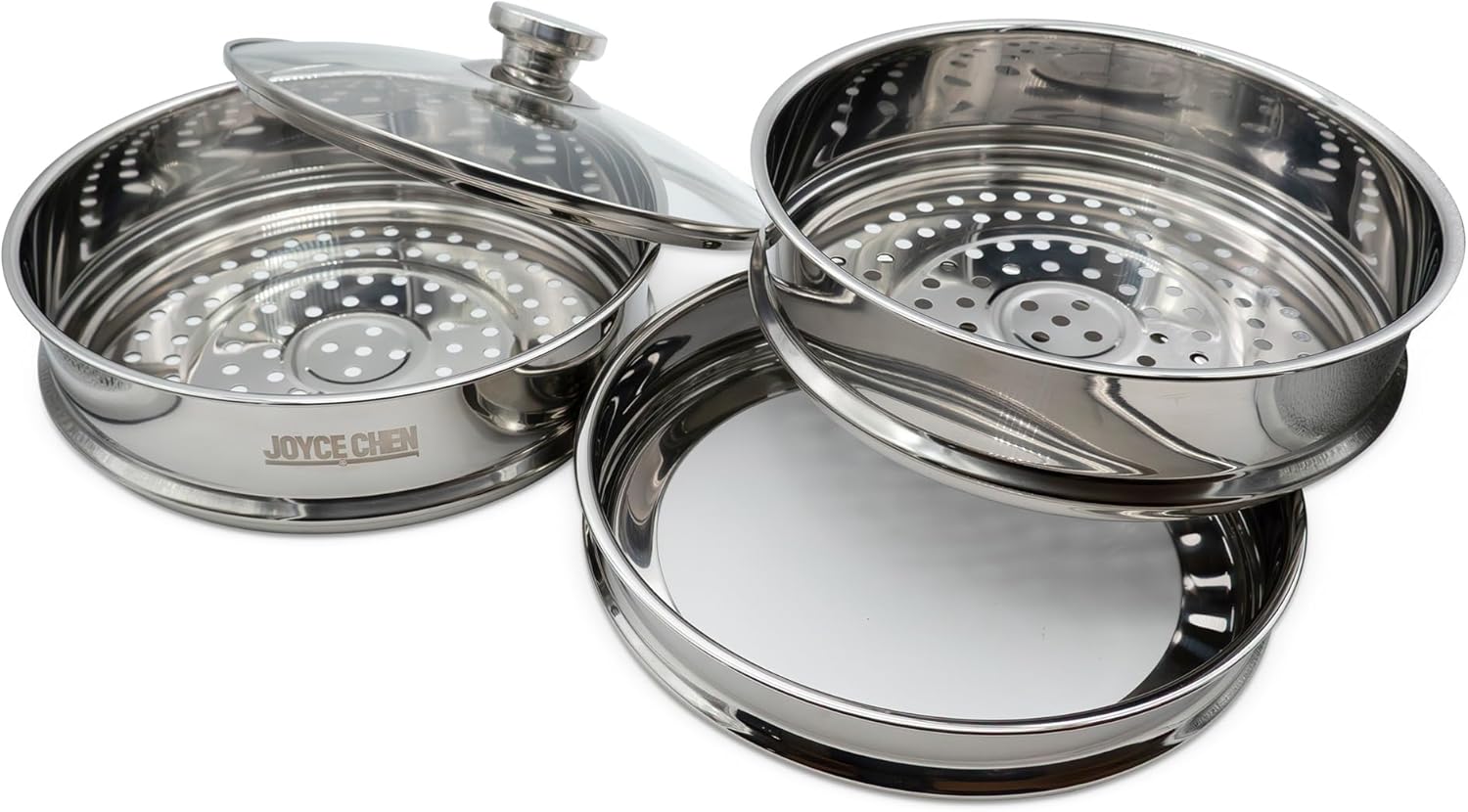 Joyce Chen 10-Inch Stainless Steel Two-Tier Steamer with Glass Lid & Wok Adapter Ring, 304 Stainless Steel, Dishwasher Safe