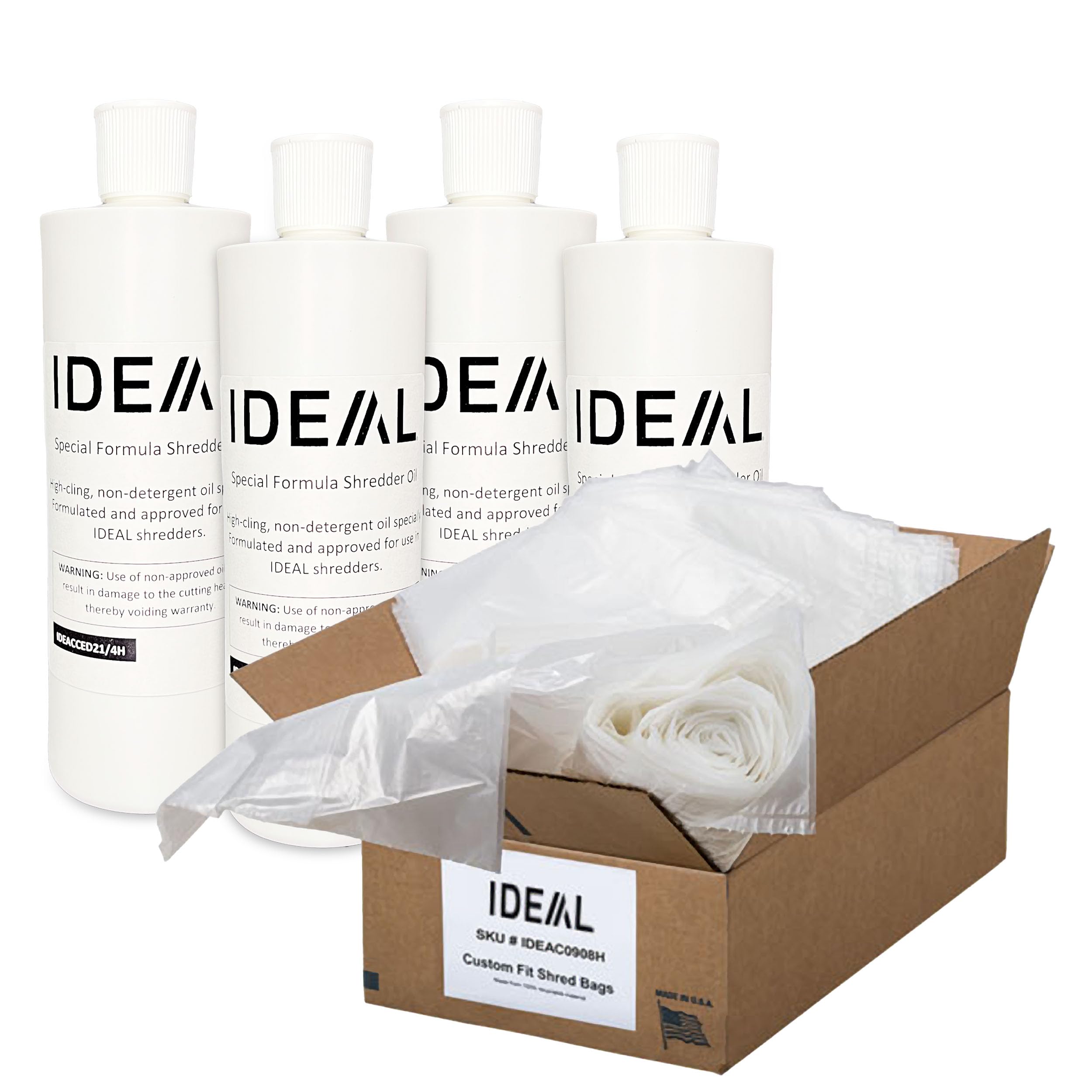 IDEAL Maintenance Bundle: AC0901H Gusseted Shredder Bags 40x14x48 Case 80 56-Gallon + High-Cling Lubricating Oil 4 Pint Bottles IDEACCED21/4H