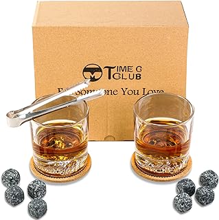 Whiskey Stones and Whiskey Glass Gift Set, 8 Granite Chilling Rocks with 2 Crystal Glasses 10.6oz, 2 Slate Coasters and Me...